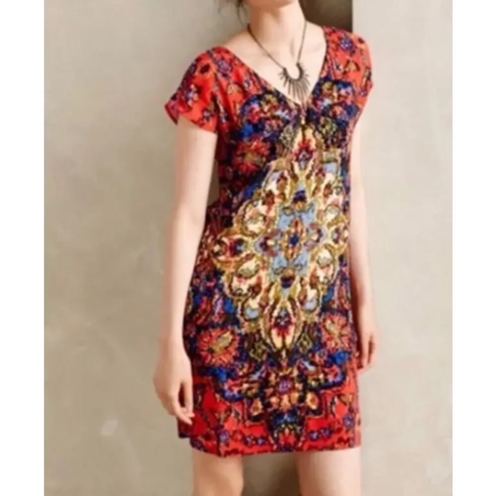 Maeve Anthropologie Dress XS Red Tunic Abstract Print V Neck Mini